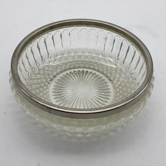 Vtg Cut Crystal Bowl 8 3/4”‎ W Silver Plate Rim England Spike Diamond Design MCM - Picture 1 of 10